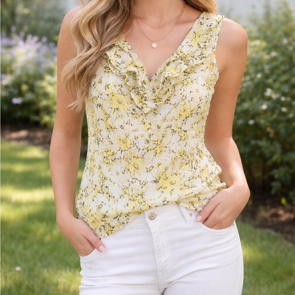 Yellow Floral Ruffle Neck Blouse Tank Top LOFT Size 4 Feminine Spring